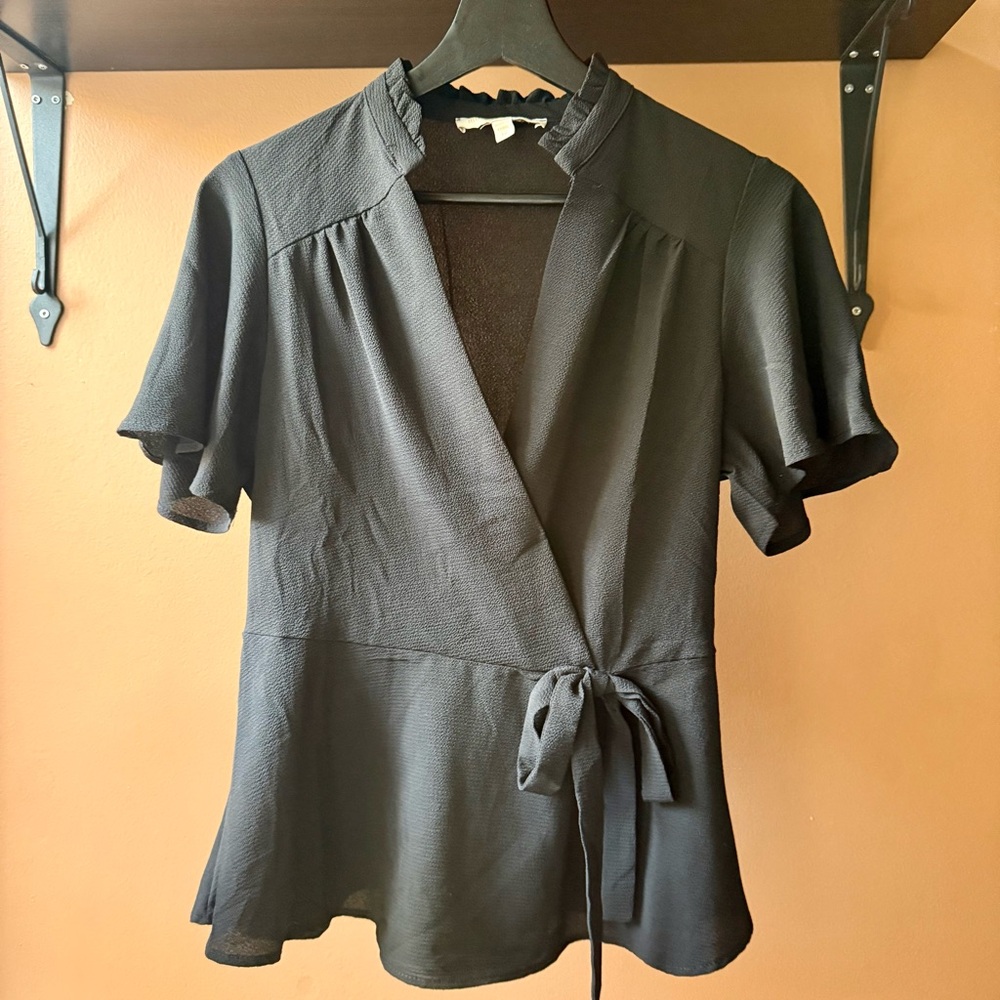 Monteau Black Short Sleeve Wrap Blouse